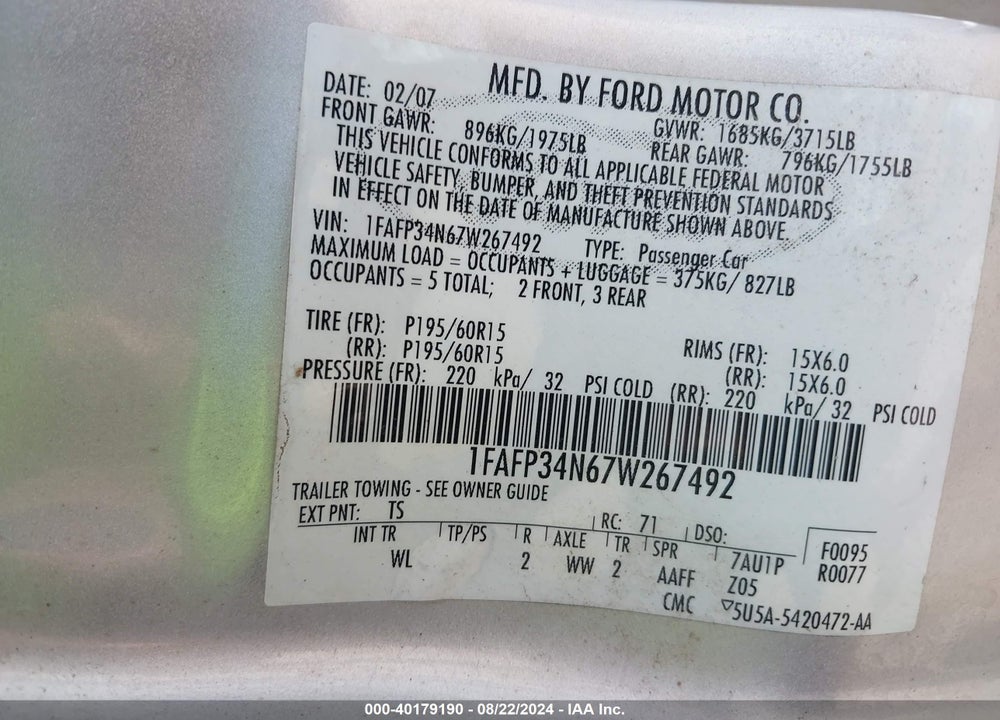 2007 FORD FOCUS S/SE/SES VIN: 1FAFP34N67W267492