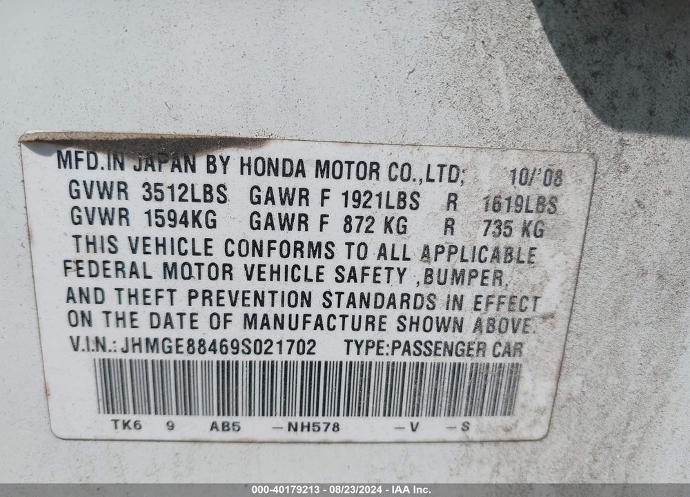 2009 HONDA FIT SPORT VIN: JHMGE88469S021702