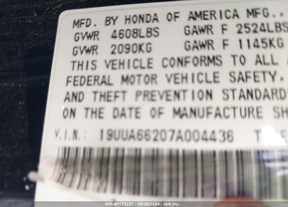 2007 ACURA TL 3.2 VIN: 19UUA66207A004436