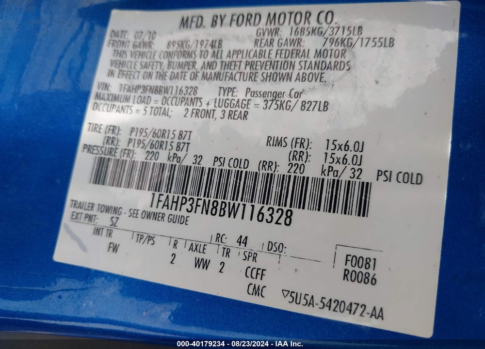 2011 FORD FOCUS SE VIN: 1FAHP3FN8BW116328