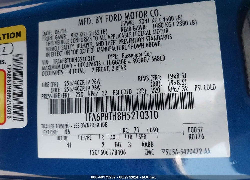 2017 FORD MUSTANG ECOBOOST VIN: 1FA6P8TH8H5210310