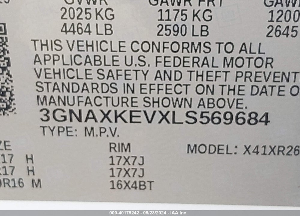 2020 CHEVROLET EQUINOX FWD LT 1.5L TURBO VIN: 3GNAXKEVXLS569684