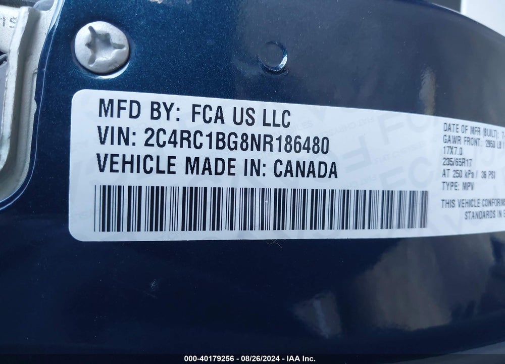 2022 CHRYSLER PACIFICA TOURING L VIN: 2C4RC1BG8NR186480