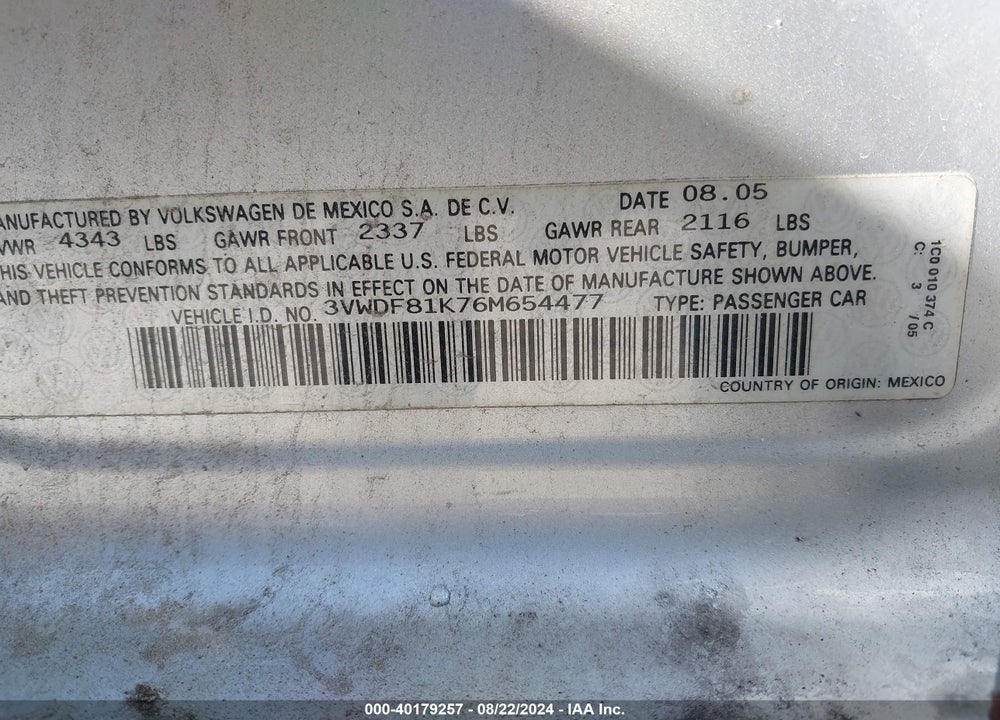 2006 VOLKSWAGEN JETTA 2.5 VIN: 3VWDF81K76M654477