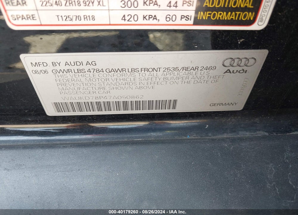 2007 AUDI A3 3.2 VIN: WAUKD78P47A050862