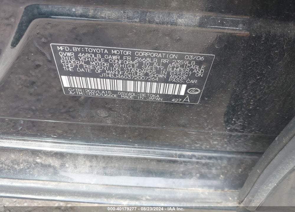 2007 LEXUS ES 350 VIN: JTHBJ46G372007264