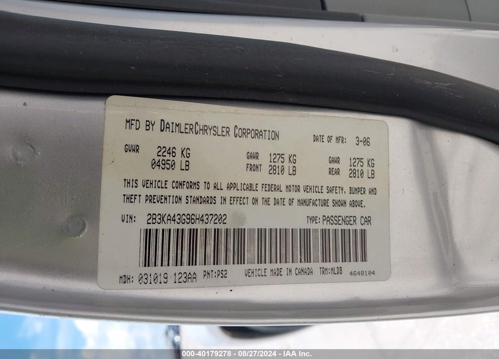 2006 DODGE CHARGER VIN: 2B3KA43G96H437202