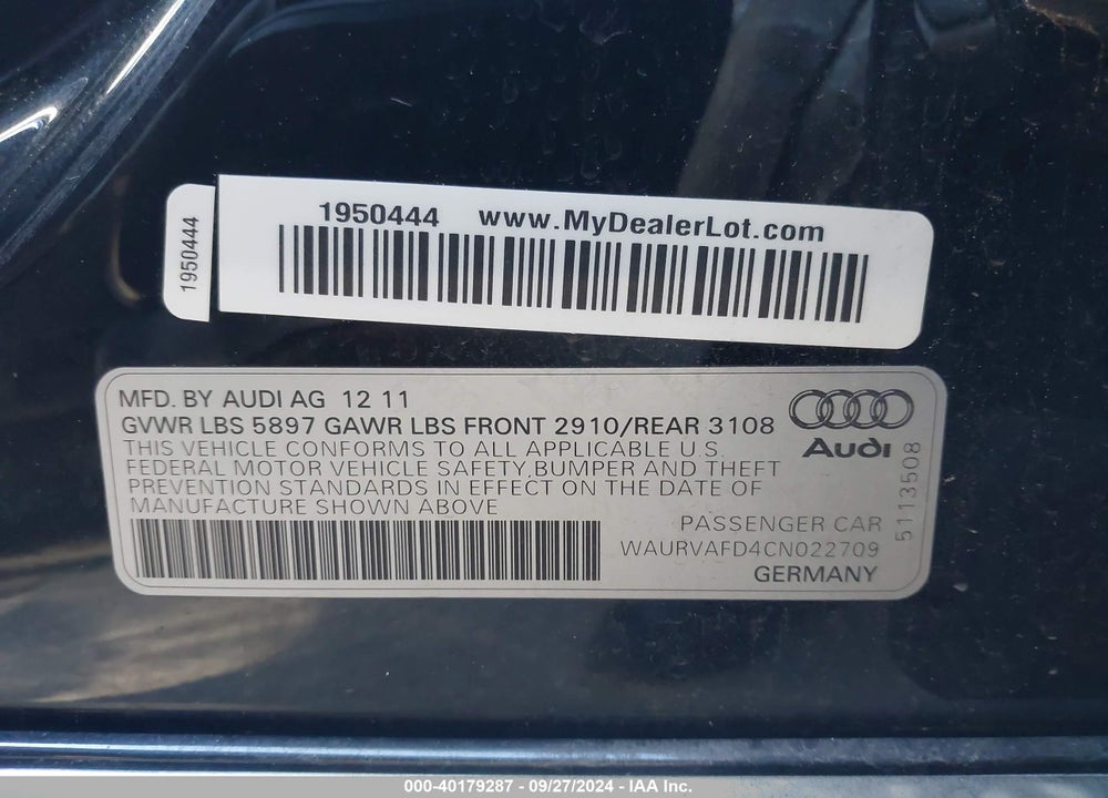 2012 AUDI A8 L 4.2 VIN: WAURVAFD4CN022709