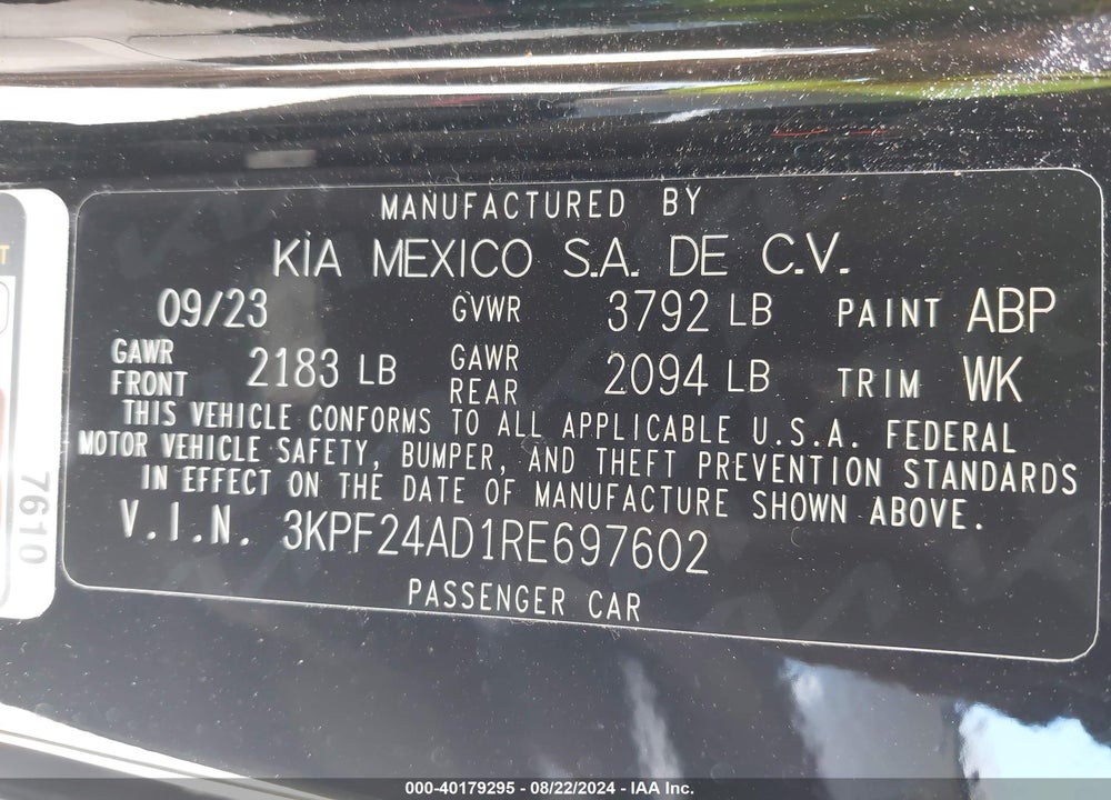 2024 KIA FORTE LXS VIN: 3KPF24AD1RE697602