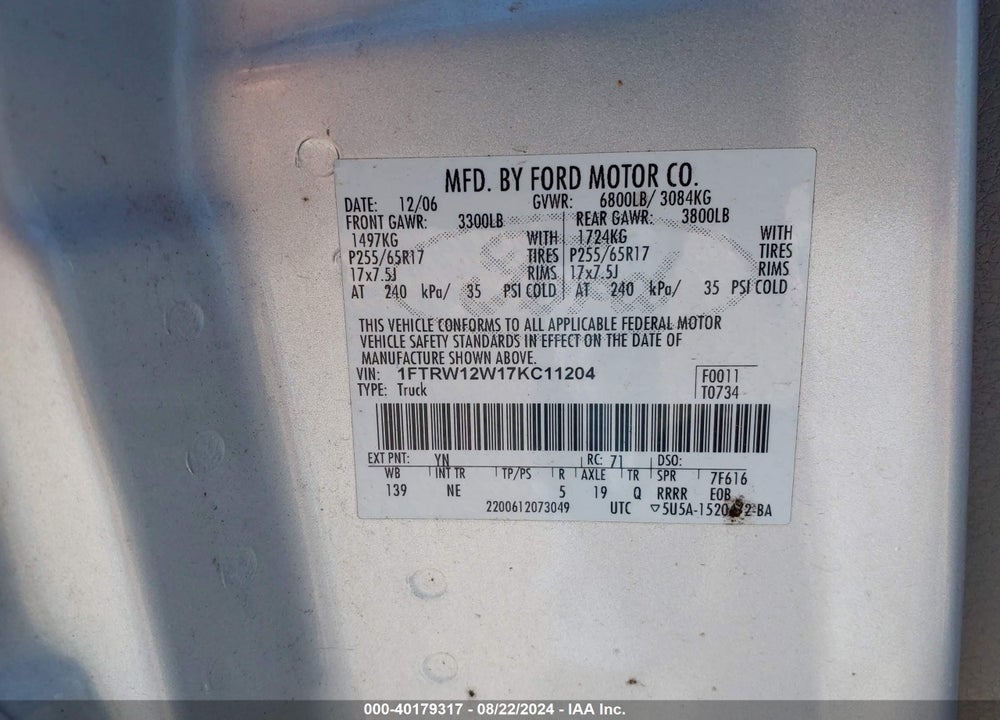 2007 FORD F-150 XLT VIN: 1FTRW12W17KC11204
