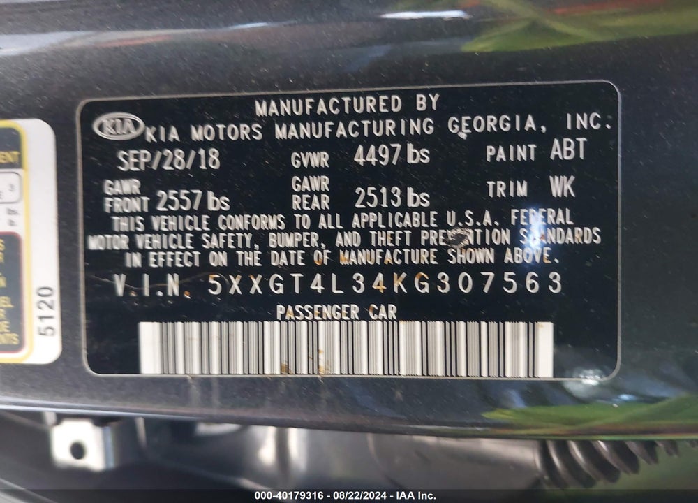 2019 KIA OPTIMA VIN: 5XXGT4L34KG307563
