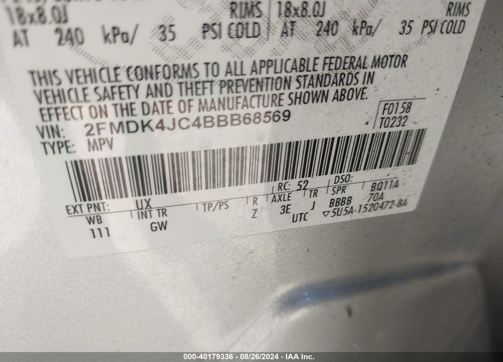 2011 FORD EDGE SEL VIN: 2FMDK4JC4BBB68569