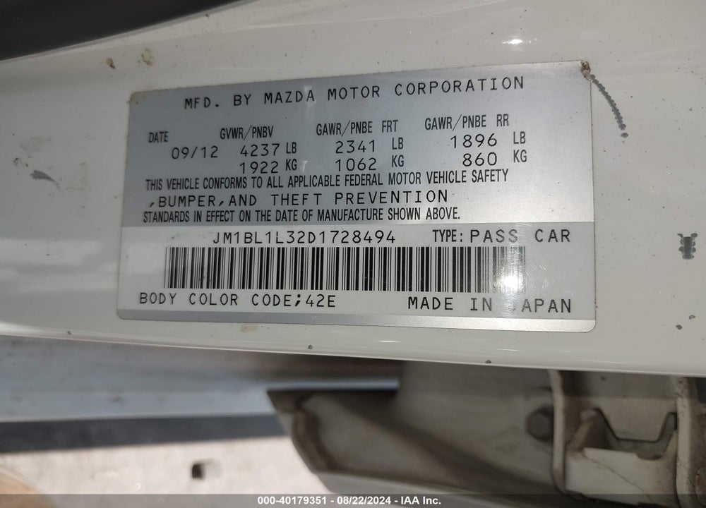 2013 MAZDA SPEED3 TOURING VIN: JM1BL1L32D1728494