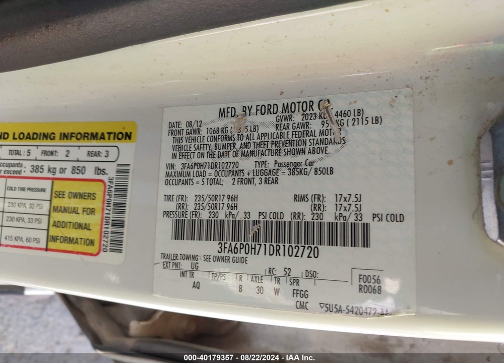 2013 FORD FUSION SE VIN: 3FA6P0H71DR102720