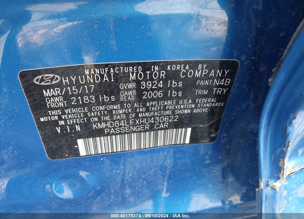 2017 HYUNDAI ELANTRA VALUE EDITION VIN: KMHD84LFXHU430622