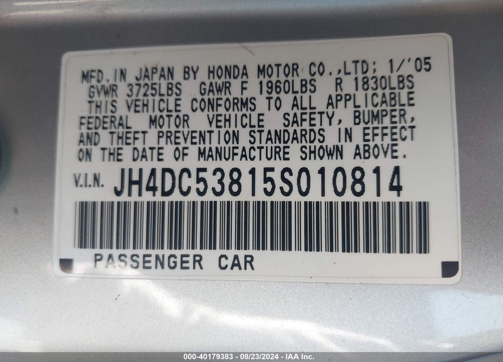 2005 ACURA RSX VIN: JH4DC53815S010814