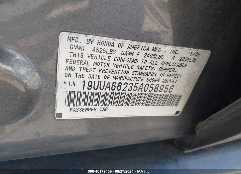 2005 ACURA TL VIN: 19UUA66235A058956