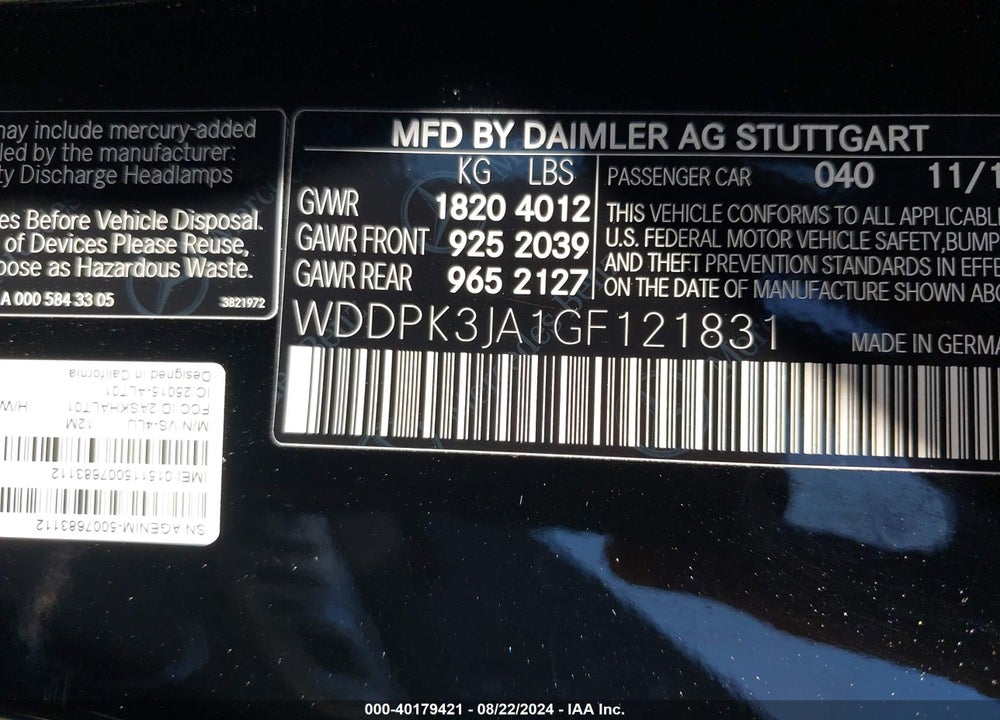 2016 MERCEDES-BENZ SLK 300 VIN: WDDPK3JA1GF121831