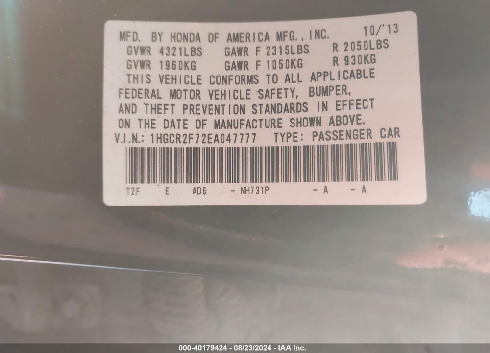 2014 HONDA ACCORD EX VIN: 1HGCR2F72EA047777