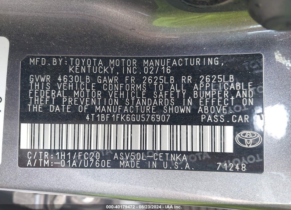 2016 TOYOTA CAMRY LE VIN: 4T1BF1FK6GU576907