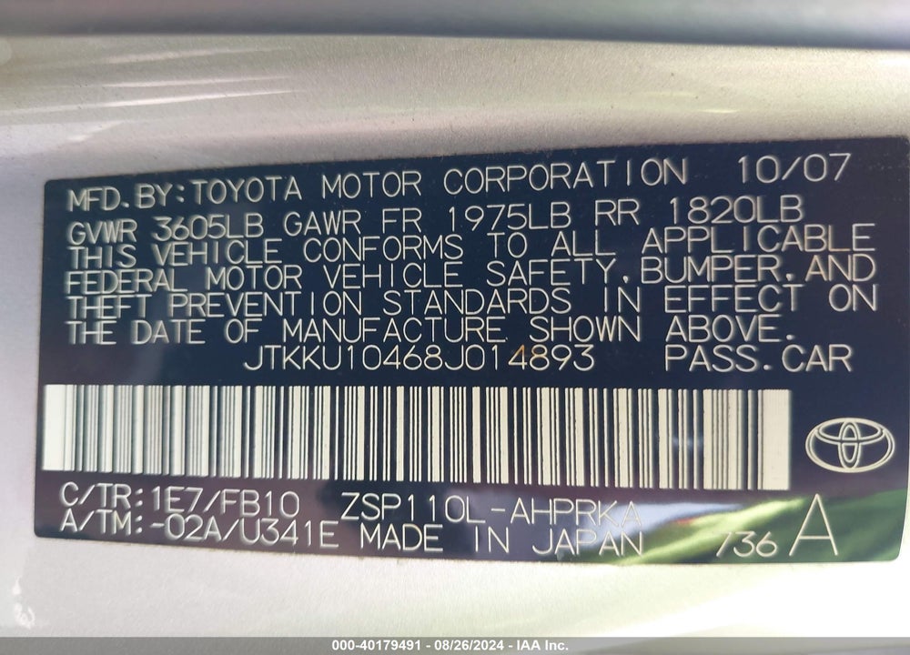 2008 SCION XD VIN: JTKKU10468J014893