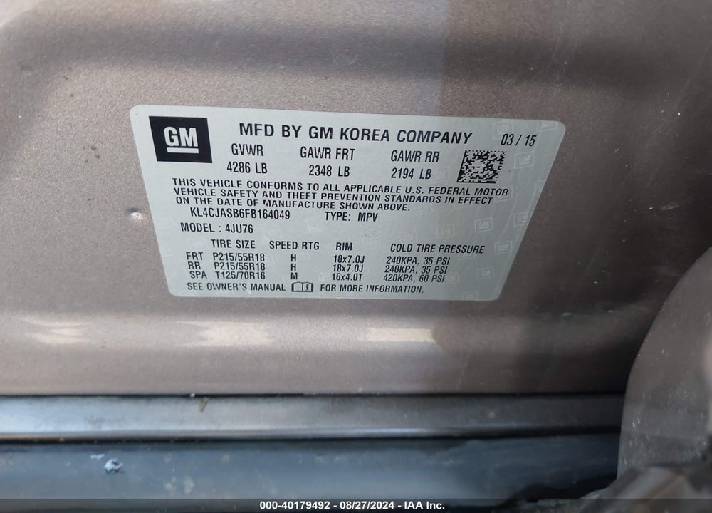 2015 BUICK ENCORE VIN: KL4CJASB6FB164049