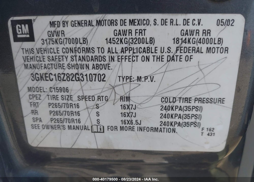 2002 GMC YUKON XL 1500 SLE VIN: 3GKEC16Z82G310702