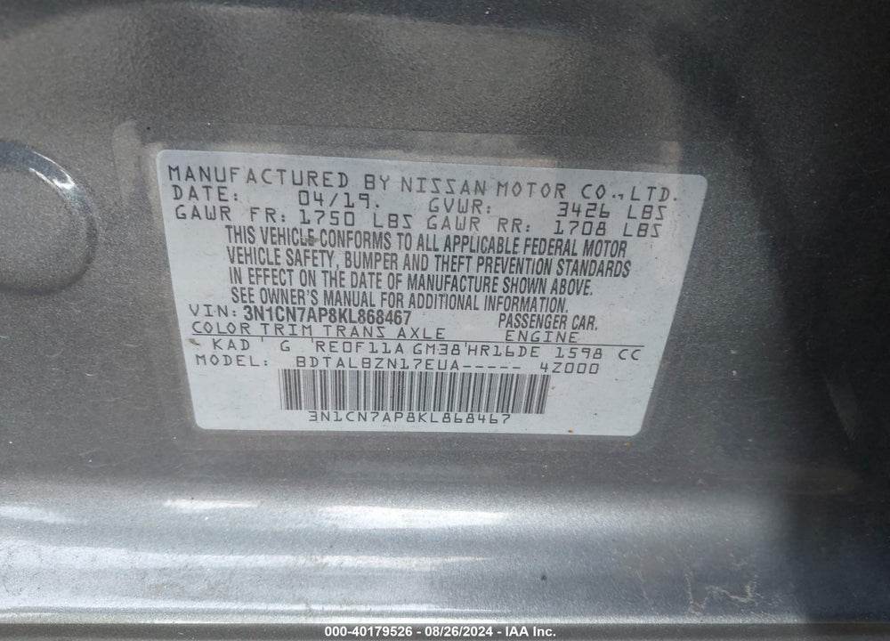 2019 NISSAN VERSA 1.6 SV VIN: 3N1CN7AP8KL868467