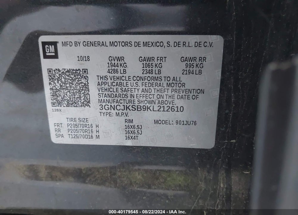 2019 CHEVROLET TRAX LS VIN: 3GNCJKSB9KL212610