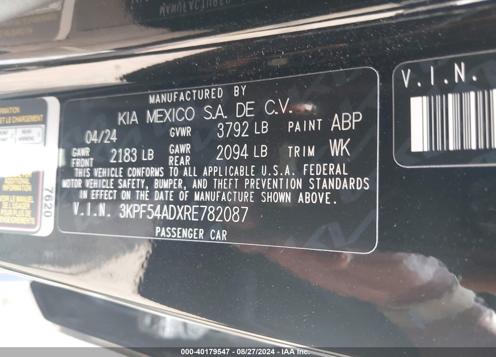 2024 KIA FORTE GT LINE VIN: 3KPF54ADXRE782087