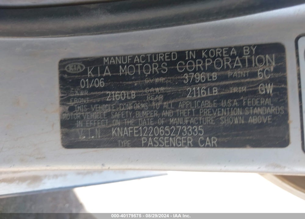 2006 KIA SPECTRA EX/LX/SX VIN: KNAFE122065273335