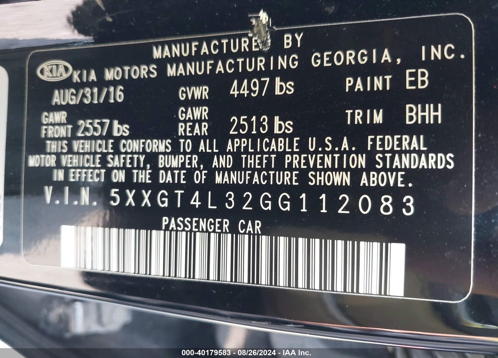 2016 KIA OPTIMA VIN: 5XXGT4L32GG112083