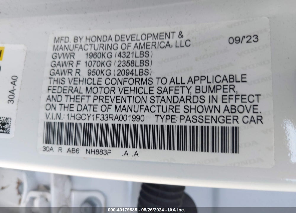 2024 HONDA ACCORD EX VIN: 1HGCY1F33RA001990