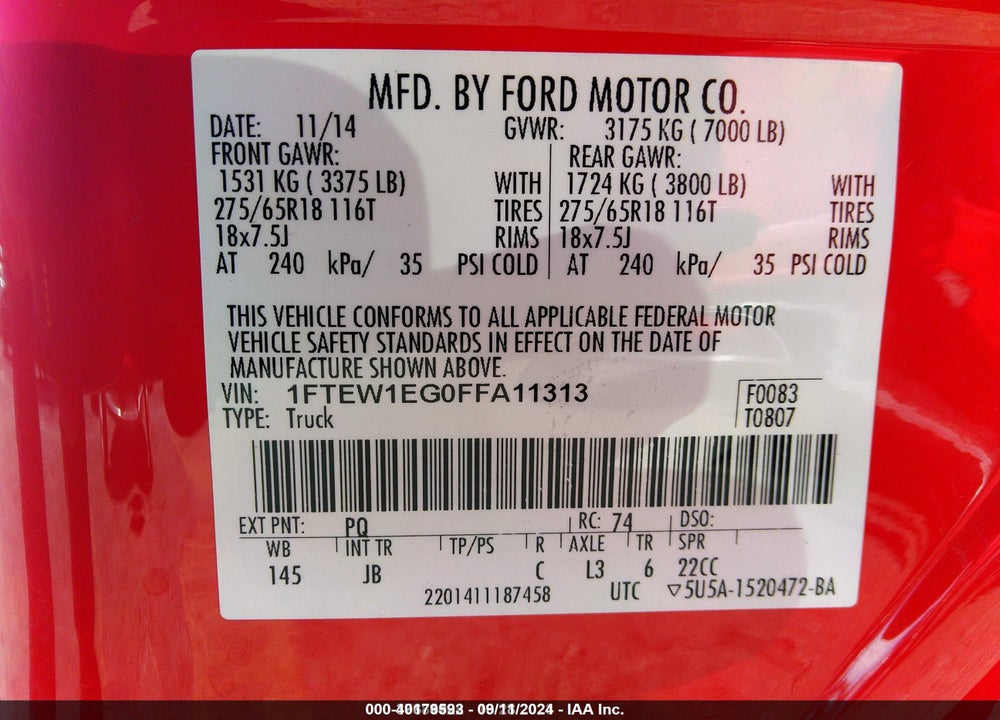 2015 FORD F-150 XLT VIN: 1FTEW1EG0FFA11313