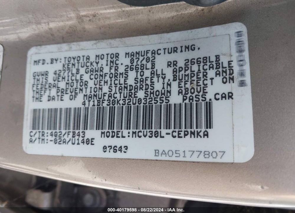 2002 TOYOTA CAMRY LE V6 VIN: 4T1BF30K32U032555
