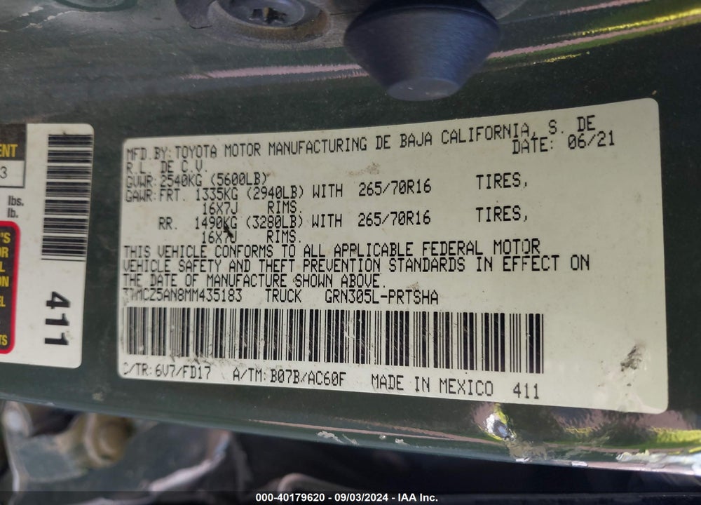 2021 TOYOTA TACOMA VIN: 3TMCZ5AN8MM435183