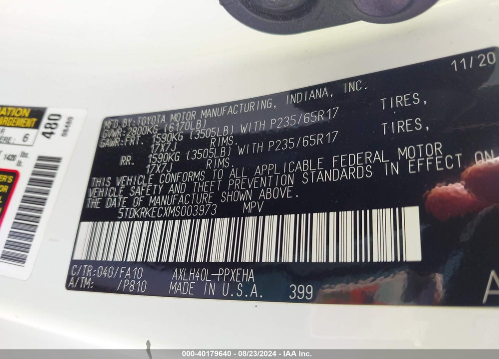 2021 TOYOTA SIENNA LE VIN: 5TDKRKECXMS003973