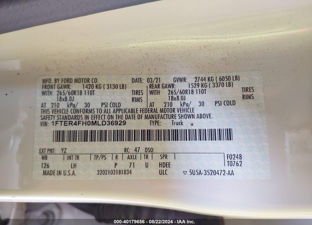 2021 FORD RANGER XLT VIN: 1FTER4FH0MLD36929
