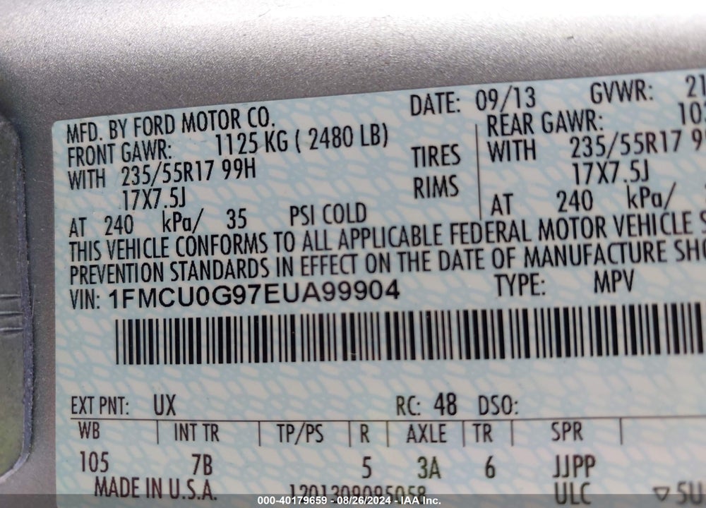 2014 FORD ESCAPE SE VIN: 1FMCU0G97EUA99904
