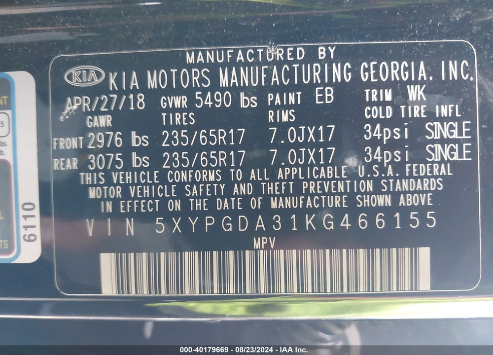 2019 KIA SORENTO 2.4L LX VIN: 5XYPGDA31KG466155