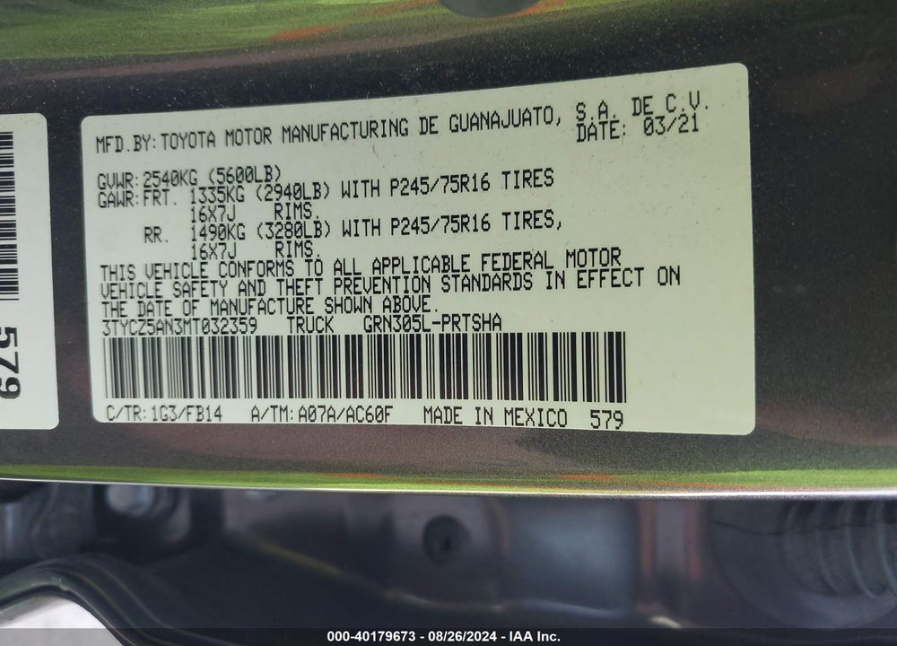 2021 TOYOTA TACOMA SR V6 VIN: 3TYCZ5AN3MT032359