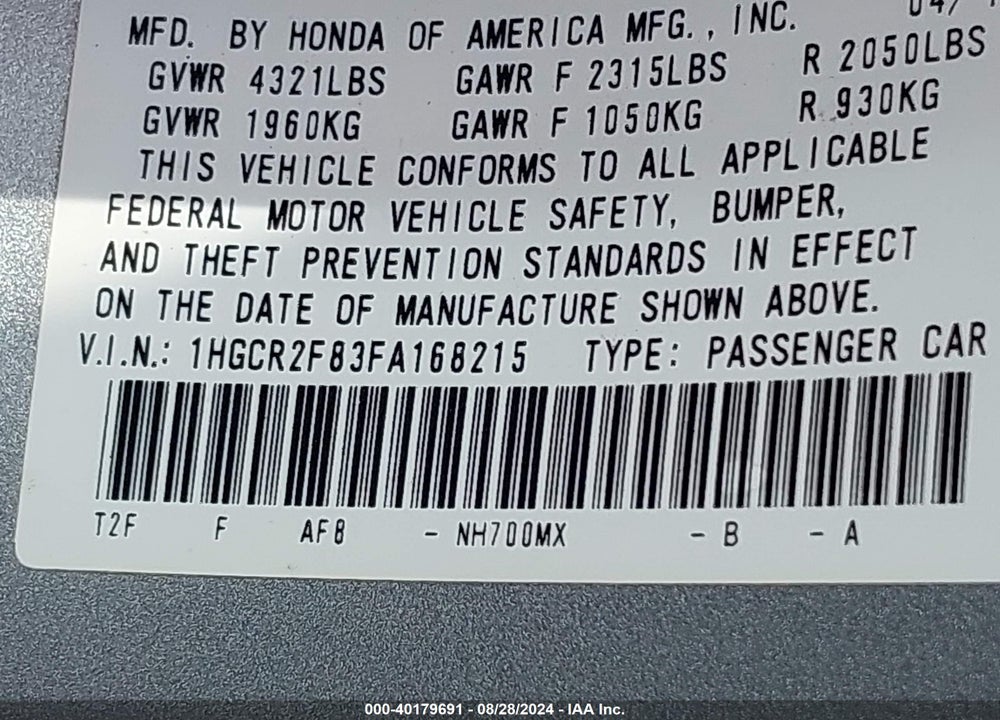 2015 HONDA ACCORD EX-L VIN: 1HGCR2F83FA168215