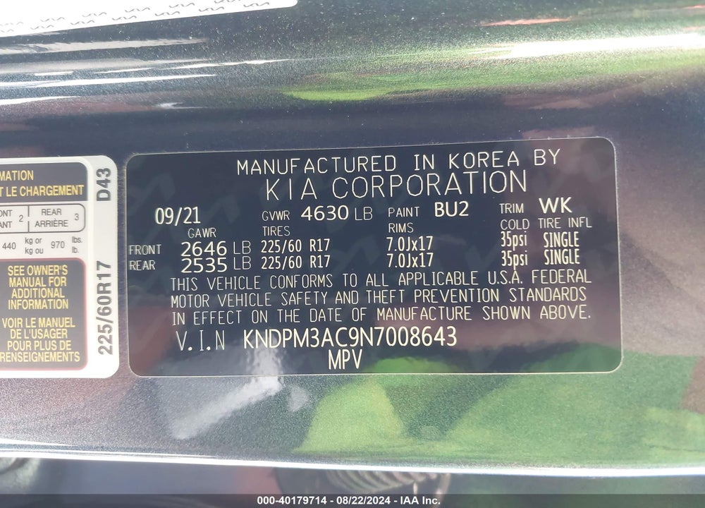 2022 KIA SPORTAGE LX VIN: KNDPM3AC9N7008643