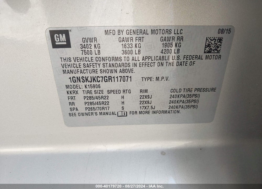 2016 CHEVROLET SUBURBAN LTZ VIN: 1GNSKJKC7GR117071