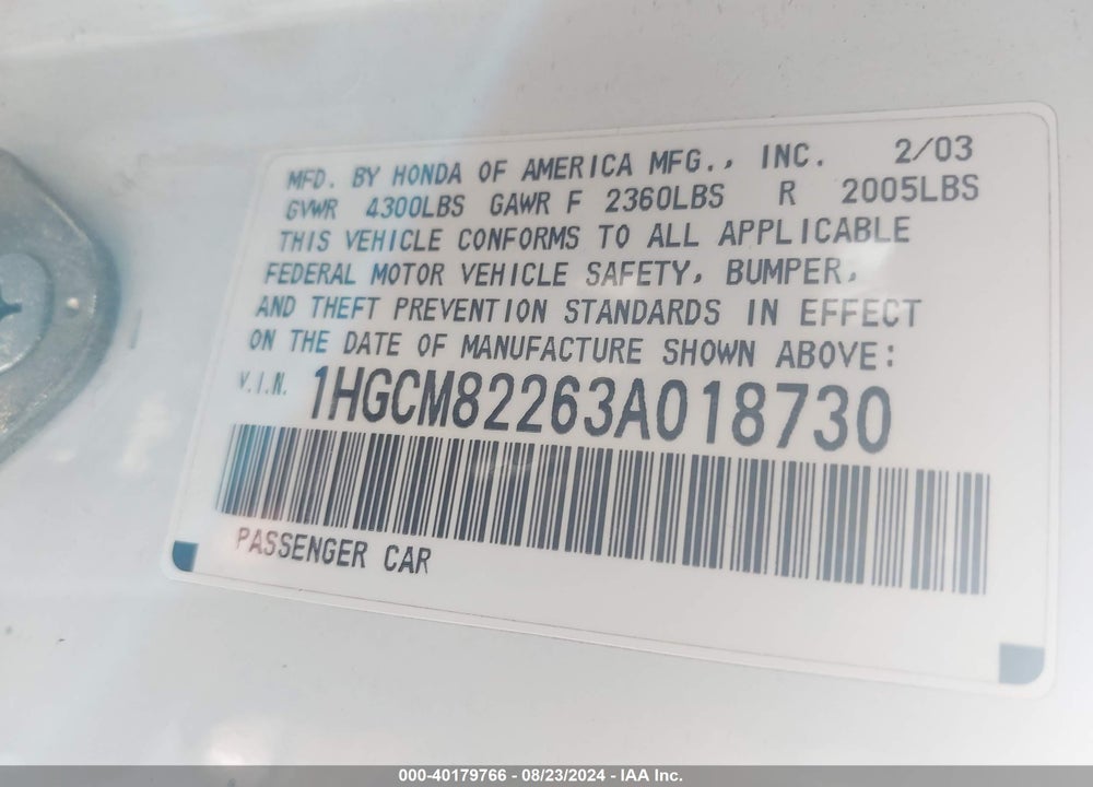 2003 HONDA ACCORD 3.0 LX VIN: 1HGCM82263A018730