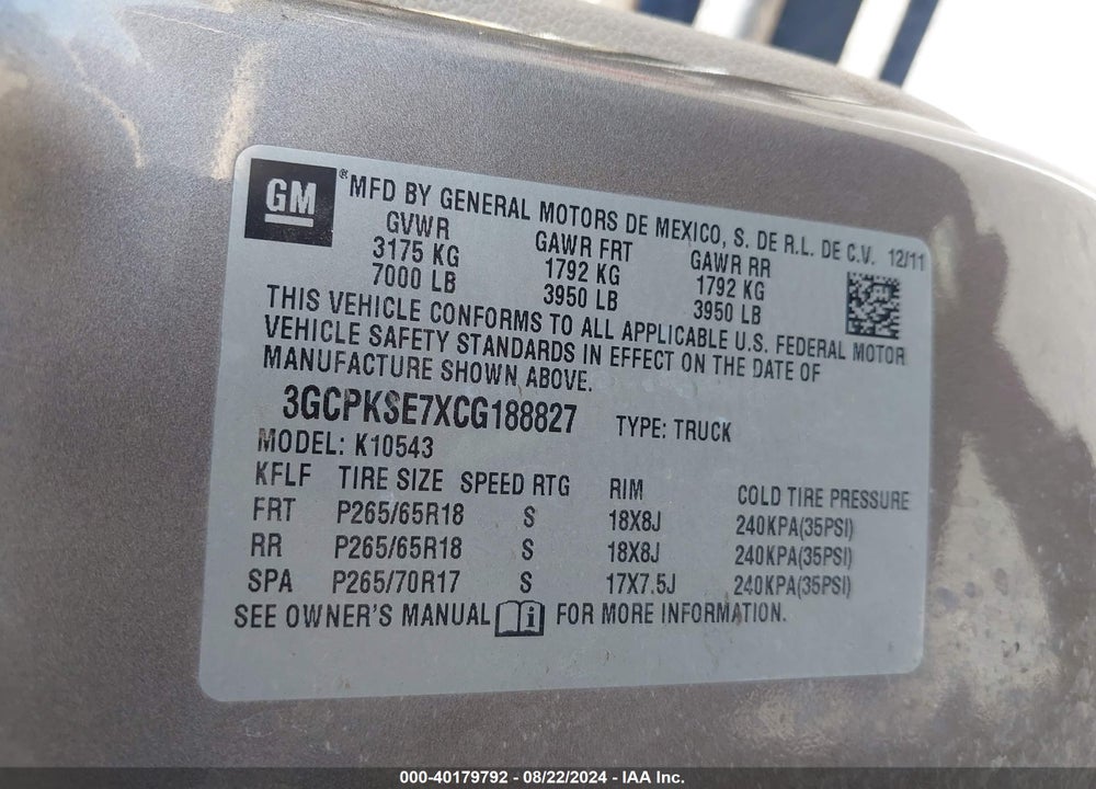 2012 CHEVROLET SILVERADO 1500 LT VIN: 3GCPKSE7XCG188827