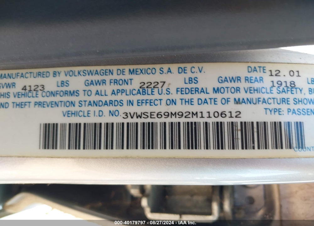 2002 VOLKSWAGEN JETTA GLS 1.8L VIN: 3VWSE69M92M110612