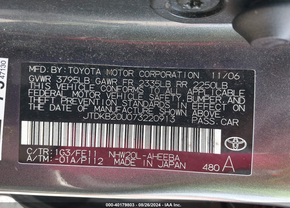 2007 TOYOTA PRIUS VIN: JTDKB20U073220913