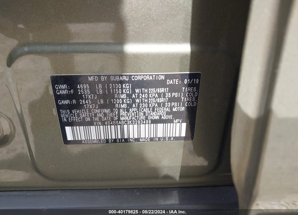 2019 SUBARU OUTBACK 2.5I VIN: 4S4BSABC3K3293499