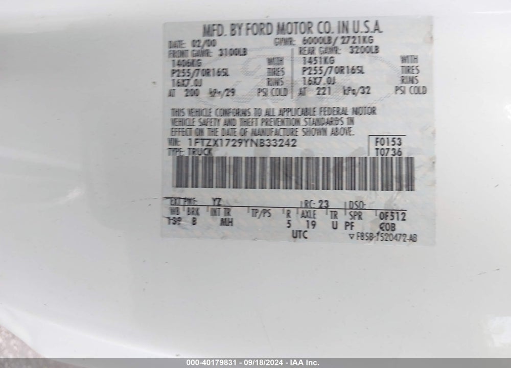 2000 FORD F-150 WORK SERIES/XL/XLT VIN: 1FTZX1729YNB33242